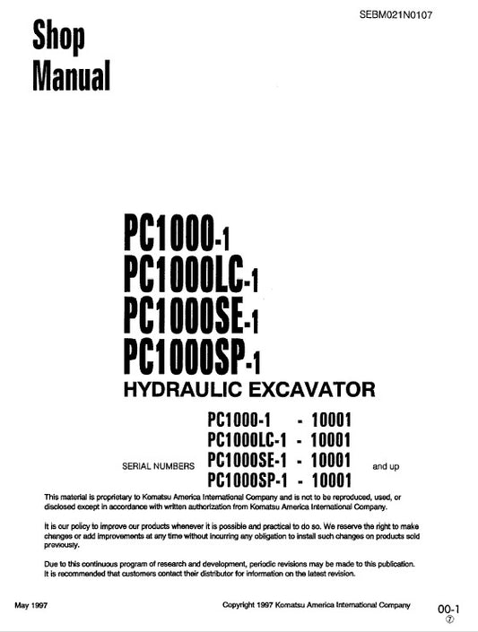 Komatsu PC1000-1, PC1000LC-1, PC1000SE-1, PC1000SP-1 Hydraulic Excavator Pdf Repair Service Manual (Sn 10001 And Up)