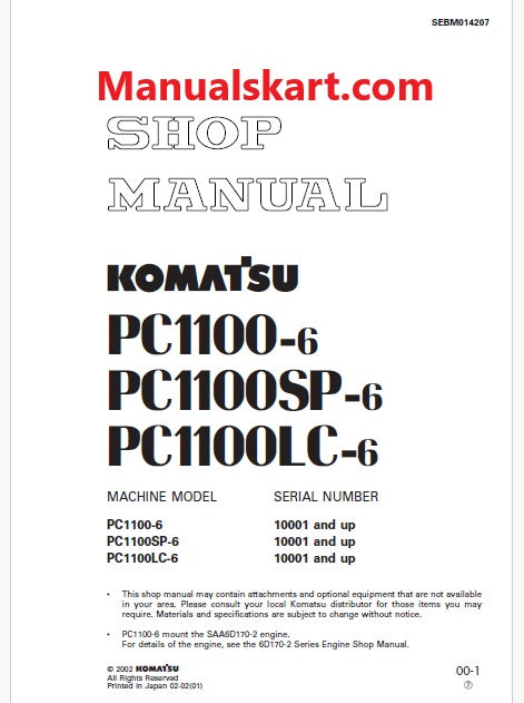 Komatsu PC1100-6, PC1100SP-6, PC1100LC-6 Hydraulic Excavator Pdf Shop Repair Service Manual Sn 10001 and UP