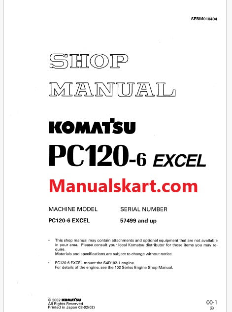 Komatsu PC120-6 Excel Hydraulic Excavator Pdf Shop Repair Service Manual Sn 57499 and UP