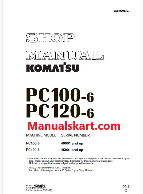 Komatsu PC120-6 Hydraulic Excavator Pdf Shop Repair Service Manual Sn 45001 and UP