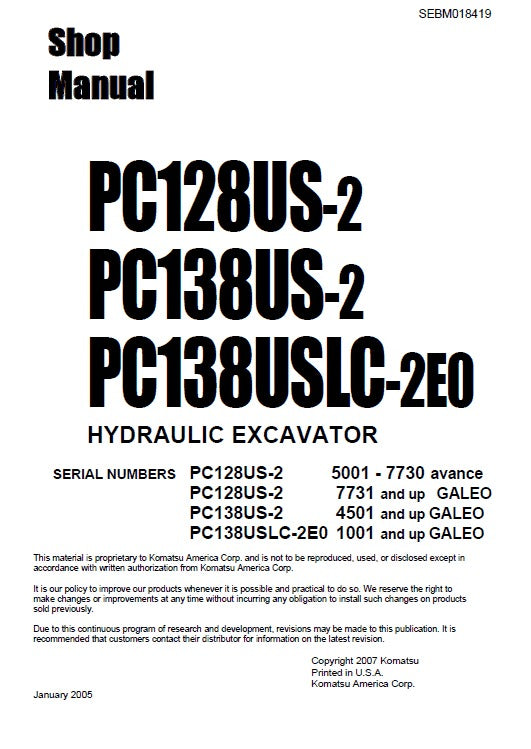 Komatsu PC128US-2, PC138US-2, PC138USLC-2E0 Hydraulic Excavator Pdf Repair Service Manual