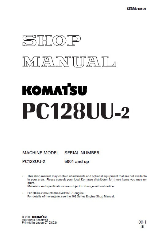 Komatsu PC128UU-2 Hydraulic Excavator Pdf Repair Service Manual