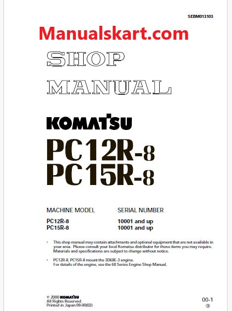 Komatsu PC12R-8, PC15R-8 Hydraulic Excavator Pdf Repair Service Manual Sn 10001 and UP