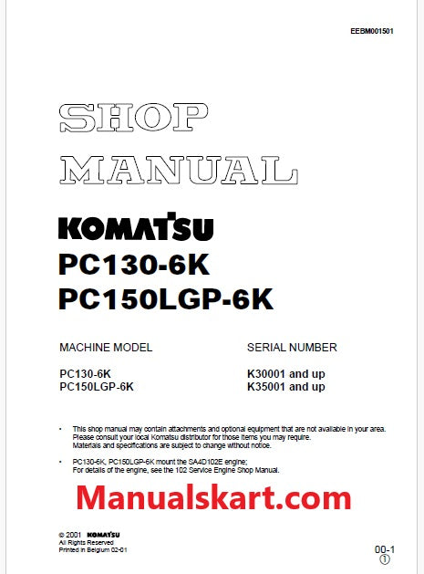 Komatsu PC130-6K Hydraulic Excavator Pdf Shop Repair Service Manual Sn K30001 and UP