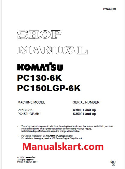 Komatsu PC130-6K Hydraulic Excavator Pdf Shop Repair Service Manual Sn K30001 and UP