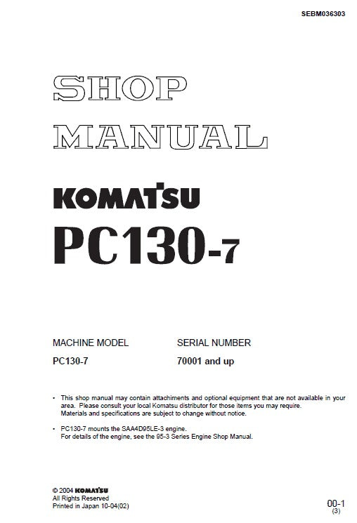 Komatsu PC130-7 Crawler Excavator Pdf Repair Service Manual (Sn 70001 & Up)