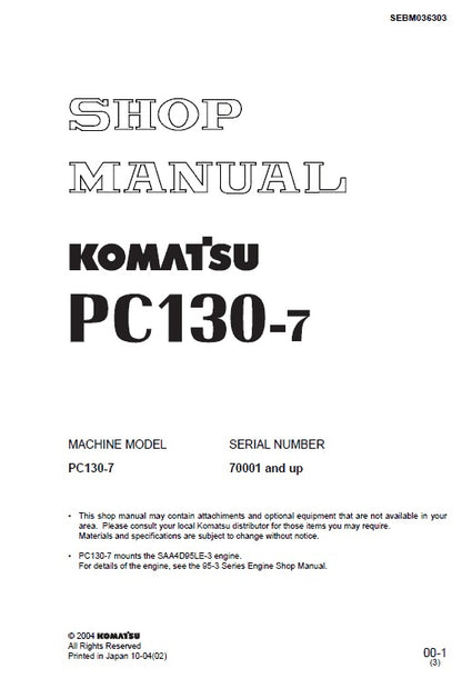 Komatsu PC130-7 Crawler Excavator Pdf Repair Service Manual (Sn 70001 & Up)