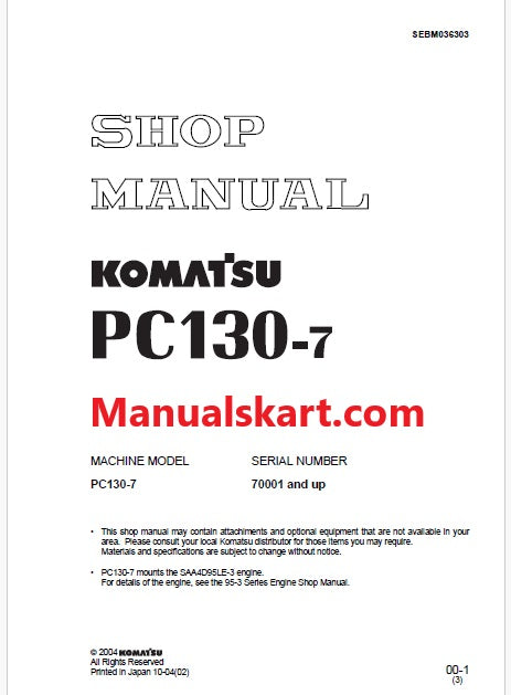 Komatsu PC130-7 Hydraulic Excavator Pdf Shop Repair Service Manual Sn 70001 and UP