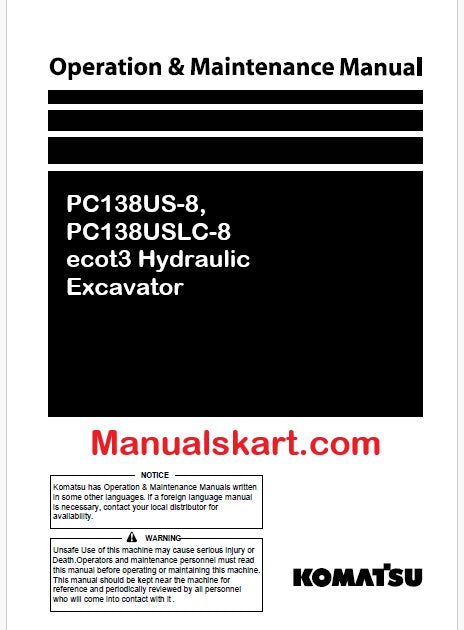 Komatsu PC138US-8, PC138USLC-8 ecot3 Hydraulic Excavator Pdf Operation and Maintenance Manual