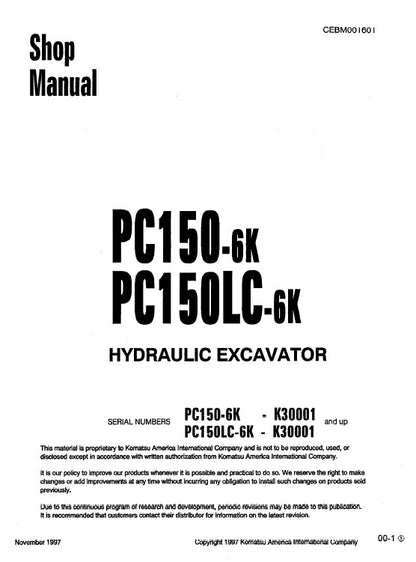 Komatsu PC150-6K, PC150LC-6K Crawler Hydraulic Excavator Pdf Repair Service Manual (Sn K30001 And Up)