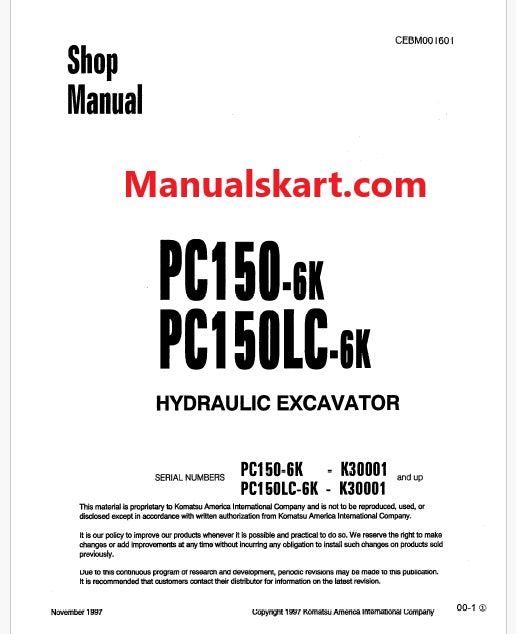 Komatsu PC150-6K, PC150LC-6K Hydraulic Excavator Pdf Shop Repair Service Manual Sn K30001 and UP