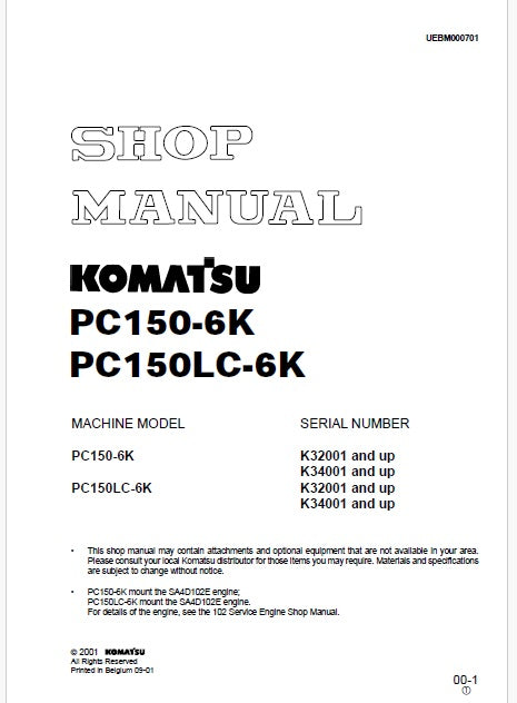 Komatsu PC150-6K, PC150LC-6K Hydraulic Excavator Pdf Shop Repair Service Manual Sn K32001 and UP