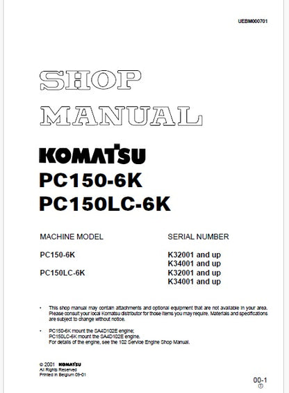 Komatsu PC150-6K, PC150LC-6K Hydraulic Excavator Pdf Shop Repair Service Manual Sn K32001 and UP