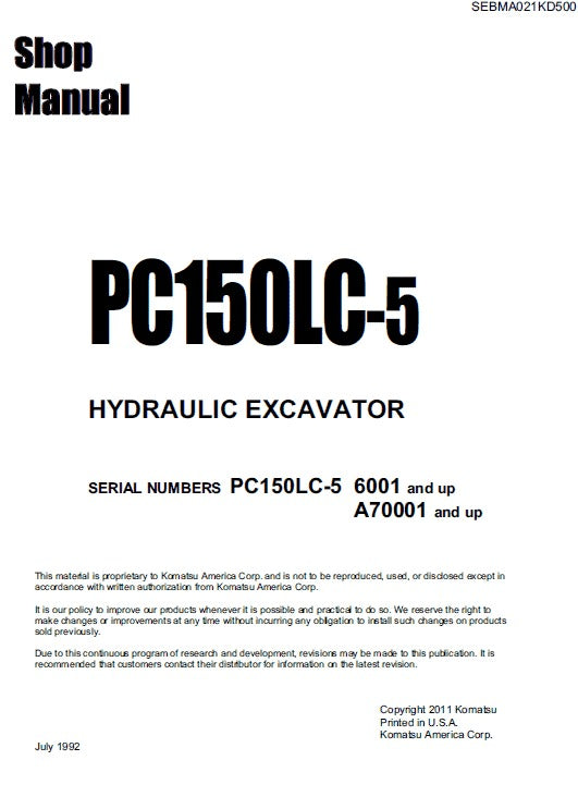 Komatsu PC150LC-5 Crawler Hydraulic Excavator Pdf Repair Service Manual (Sn 6001 And Up)