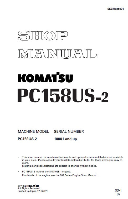 Komatsu PC158US-2 Crawler Hydraulic Excavator Pdf Repair Service Manual (Sn 10001 And Up)