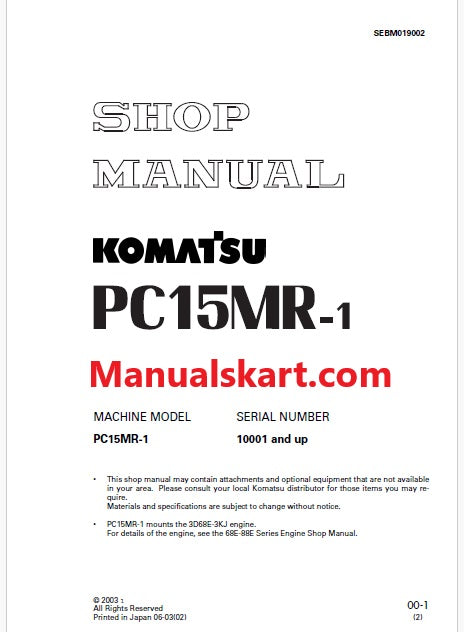 Komatsu PC15MR-1 Crawler Excavator Pdf Repair Service Manual Sn 10001 and UP