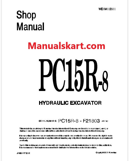 Komatsu PC15R-8 Hydraulic Excavator Pdf Repair Service Manual Sn F21803 and UP