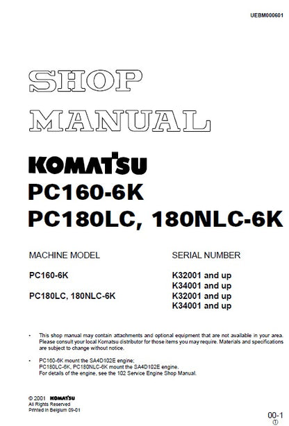 Komatsu PC160-6K, PC180LC, 180NLC-6K Crawler Hydraulic Excavator Pdf Repair Service Manual