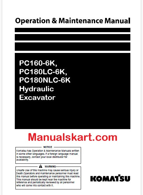 Komatsu PC160-6K, PC180LC-6K, PC180NLC-6K Hydraulic Excavator Pdf Operation and Maintenance Manual
