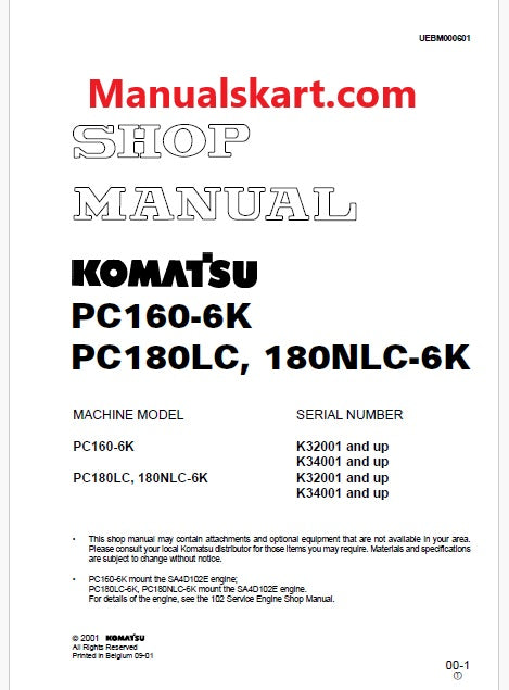 Komatsu PC160-6K, PC180LC, PC180NLC-6K Hydraulic Excavator Pdf Shop Repair Service Manual Sn K34001 and UP