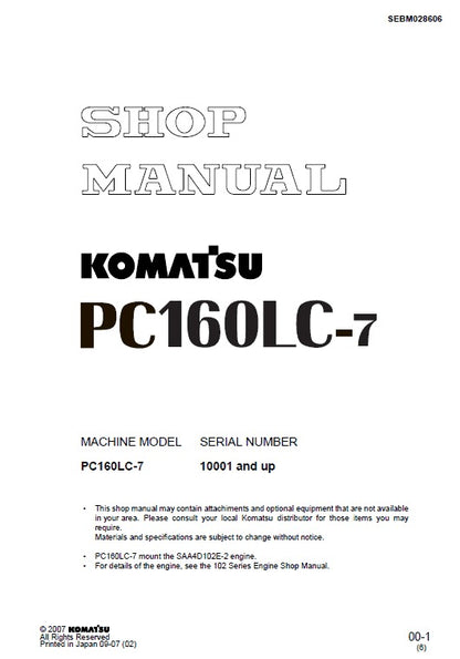 Komatsu PC160LC-7 Crawler Excavator Pdf Repair Service Manual (Sn 10001 And Up)