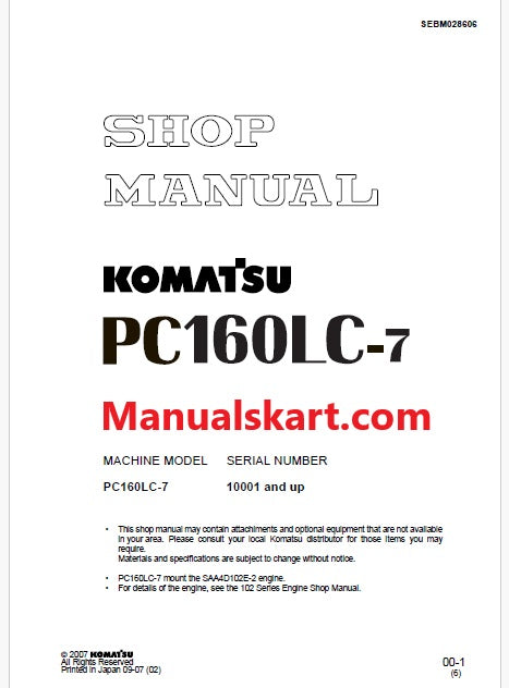 Komatsu PC160LC-7 Hydraulic Excavator Pdf Shop Repair Service Manual Sn 10001 and UP