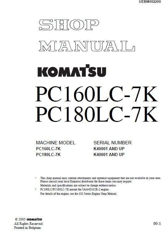 Komatsu PC160LC-7K, PC180LC-7K Crawler Hydraulic Excavator Pdf Repair Service Manual (Sn K40001 And Up)