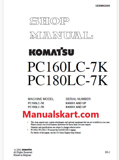 Komatsu PC160LC-7K, PC180LC-7K Hydraulic Excavator Pdf Shop Repair Service Manual Sn K40001 and UP