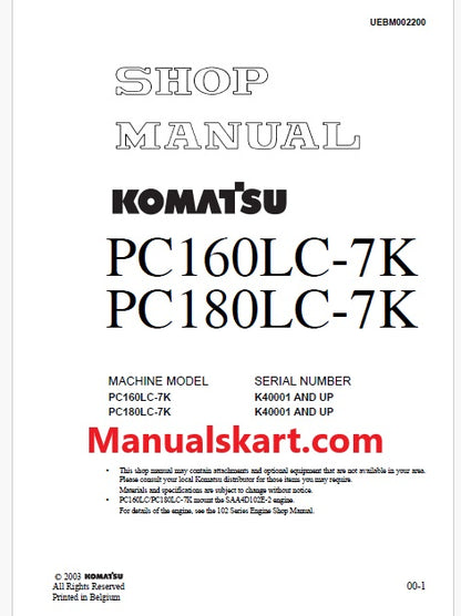 Komatsu PC160LC-7K, PC180LC-7K Hydraulic Excavator Pdf Shop Repair Service Manual Sn K40001 and UP