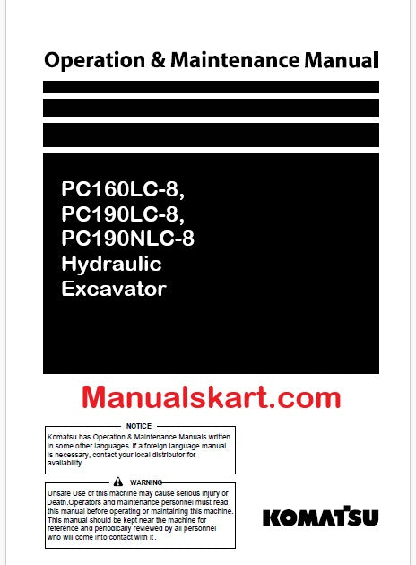 Komatsu PC160LC-8, PC190LC-8, PC190NLC-8 Hydraulic Excavator Pdf Operation and Maintenance Manual