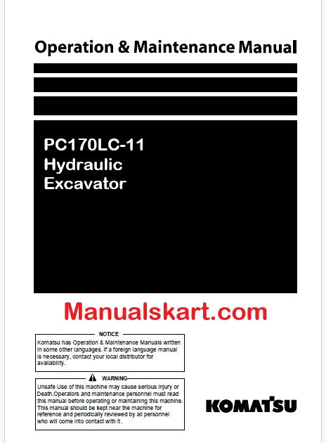 Komatsu PC170LC-11 Hydraulic Excavator Pdf Operation and Maintenance Manual