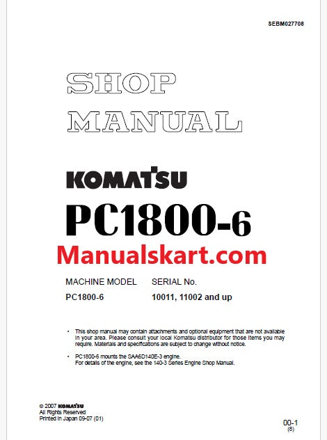 Komatsu PC1800-6 Hydraulic Excavator Pdf Repair Service Manual Sn 10011 and UP