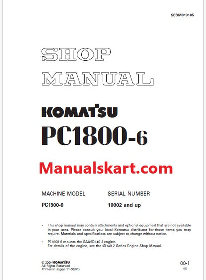 Komatsu PC1800-6 Hydraulic Excavator/Shovel Pdf Repair Service Manual Sn 10002 and UP