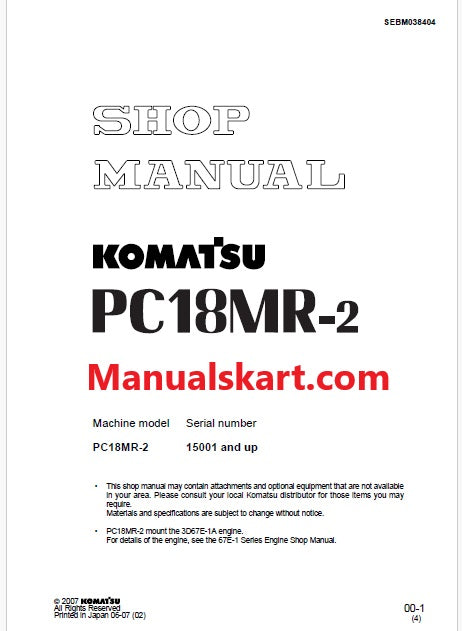 Komatsu PC18MR-2 Hydraulic Excavator Pdf Repair Service Manual Sn 15001 and UP