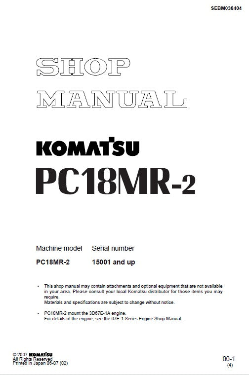 Komatsu PC18MR-2 Mini Hydraulic Excavator Pdf Repair Service Manual (Sn 15001 And UP)