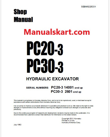 Komatsu PC20-3 Hydraulic Excavator Pdf Repair Service Manual Sn 14001 and UP