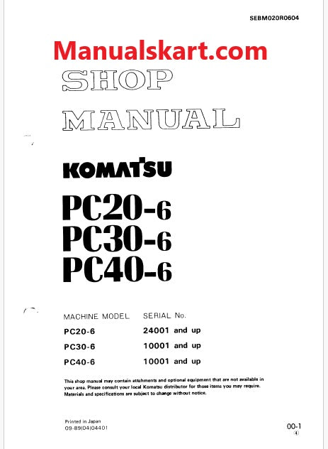 Komatsu PC20-6 Hydraulic Excavator Pdf Repair Service Manual Sn 24001 and UP