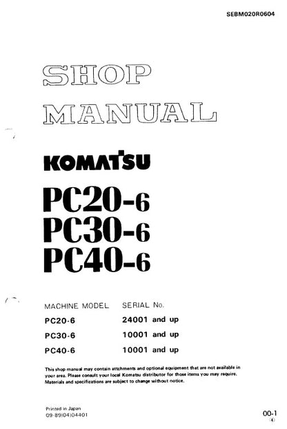 Komatsu PC20-6, PC30-6, PC40-6 Mini Hydraulic Excavator Pdf Repair Service Manual