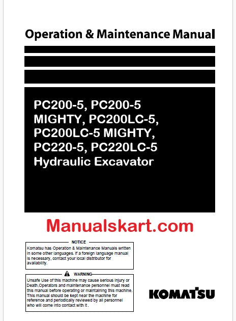 Komatsu PC200-5, PC200-5 MIGHTY, PC200LC-5, PC200LC-5 MIGHTY, PC220-5, PC220LC-5 Hydraulic Excavator Pdf Operation and Maintenance Manual