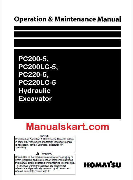 Komatsu PC200-5, PC200LC-5, PC220-5, PC220LC-5 Hydraulic Excavator Pdf Operation and Maintenance Manual