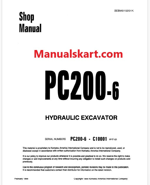 Komatsu PC200-6 Hydraulic Excavator Pdf Shop Repair Service Manual Sn Cl0001 and UP