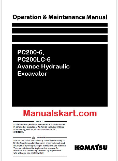 Komatsu PC200-6, PC200LC-6 Avance Hydraulic Excavator Pdf Operation and Maintenance Manual