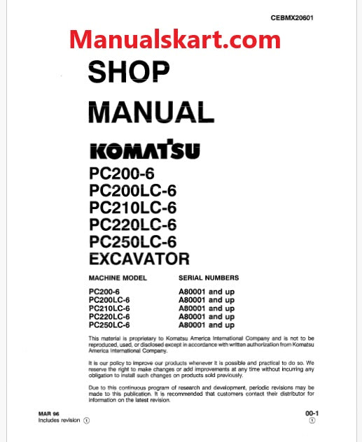 Komatsu PC200-6, PC2OOLC-6, PC21OLC-6, PC22OLC-6, PC25OLC-6 Hydraulic Excavator Pdf Shop Repair Service Manual Sn A80001 and UP