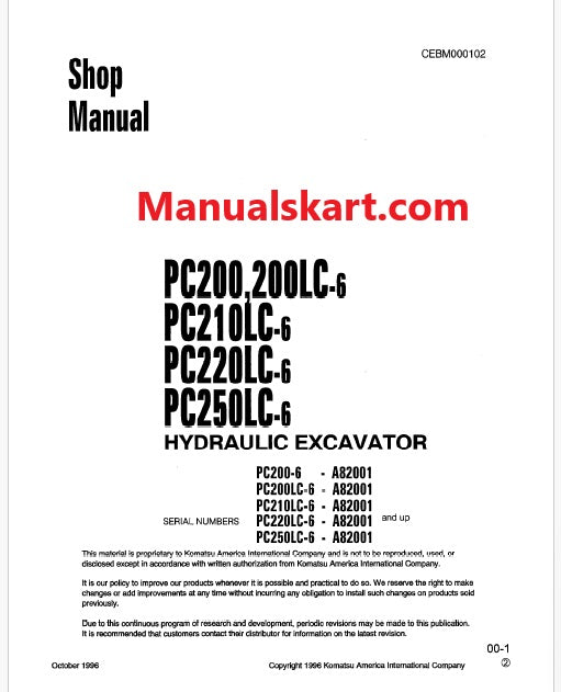 Komatsu PC200-6, PC2OOLC-6, PC21OLC-6, PC22OLC-6, PC25OLC-6 Hydraulic Excavator Pdf Shop Repair Service Manual Sn A82001 and UP