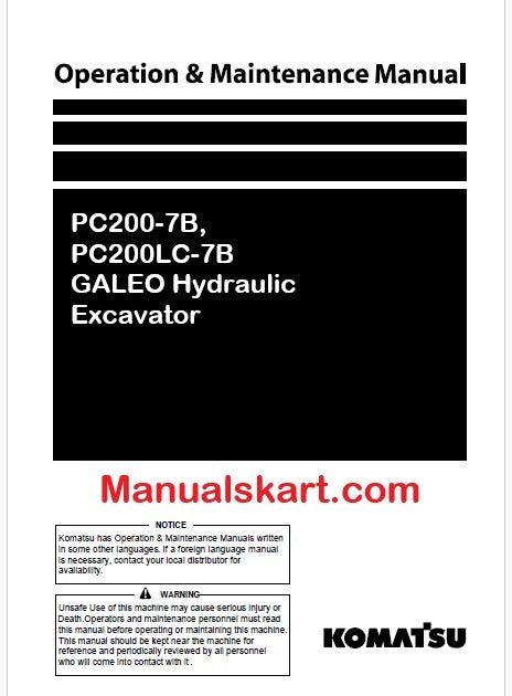 Komatsu PC200-7B, PC200LC-7B GALEO Hydraulic Excavator Pdf Operation and Maintenance Manual