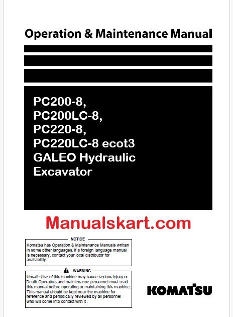Komatsu PC200-8, PC200LC-8, PC220-8, PC220LC-8 ecot3 GALEO Hydraulic Excavator Pdf Operation and Maintenance Manual