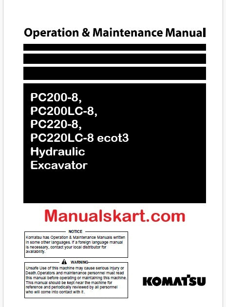 Komatsu PC200-8, PC200LC-8, PC220-8, PC220LC-8 ecot3 Hydraulic Excavator Pdf Operation and Maintenance Manual