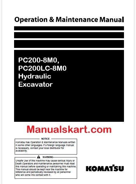Komatsu PC200-8M0, PC200LC-8M0 Hydraulic Excavator Pdf Operation and Maintenance Manual