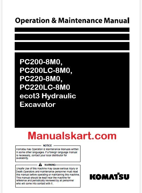 Komatsu PC200-8M0, PC200LC-8M0, PC220-8M0, PC220LC-8M0 ecot3 Hydraulic Excavator Pdf Operation and Maintenance Manual