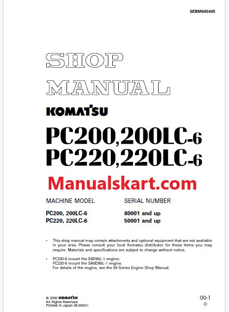 Komatsu PC200, PC200LC-6 Hydraulic Excavator Pdf Shop Repair Service Manual Sn 80001 and UP